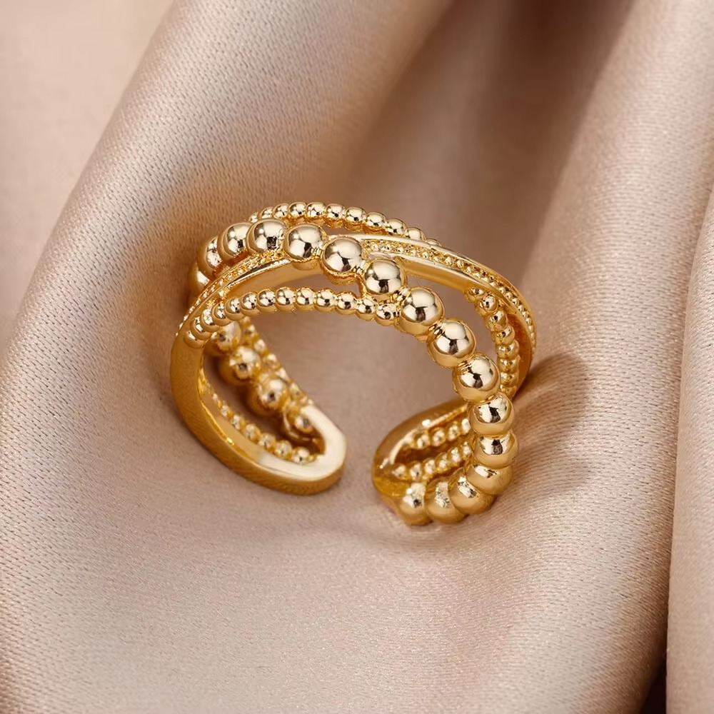 Beaded Multi-Layer Adjustable Gold Ring